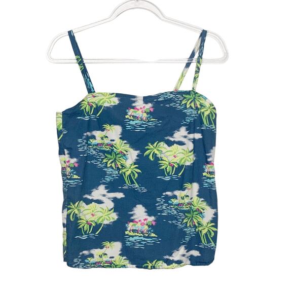 HOLLISTER Hawaiian Button Back Sleeveless Top Island Print Blue Green Size Small - Picture 2 of 5